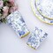 24 White 9 oz Blue Floral Design Disposable Paper Drinking CUPS Gold Rim Party